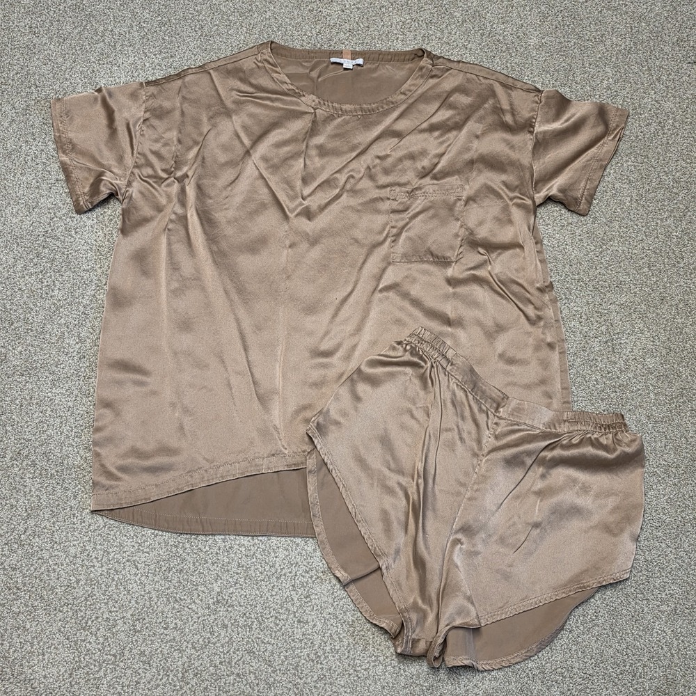 Lunya Washable Silk Women's Pajama Set Size M Otium Tan Read Lounge Sleepwear - Picture 2 of 12